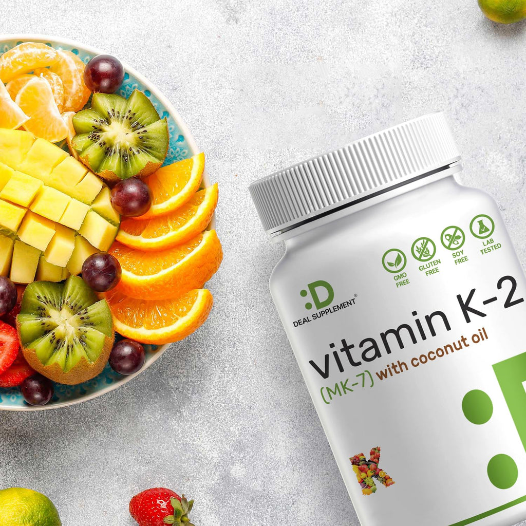 Deal Supplement Vitamin K2 MK7 product container showing non-GMO and gluten-free certification icons.