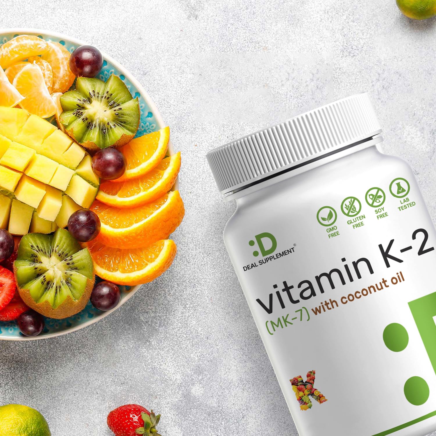 High-absorption Vitamin K2 MK-7 dietary supplement bottle placed upright on a clean minimalist surface.