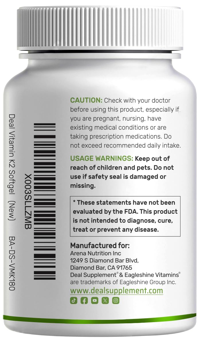 Deal Supplement Vitamin K2 MK7 full bottle view with cap for authenticity reference.