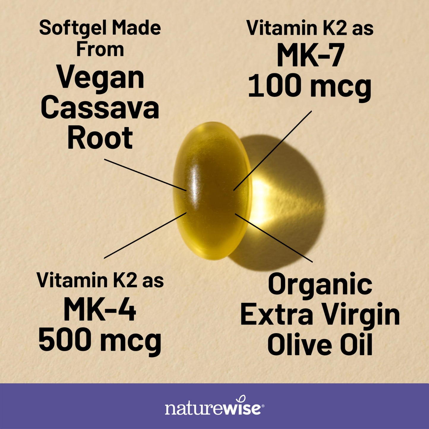 Supplement facts label on NatureWise Vitamin K2 bottle detailing the 600mcg formula