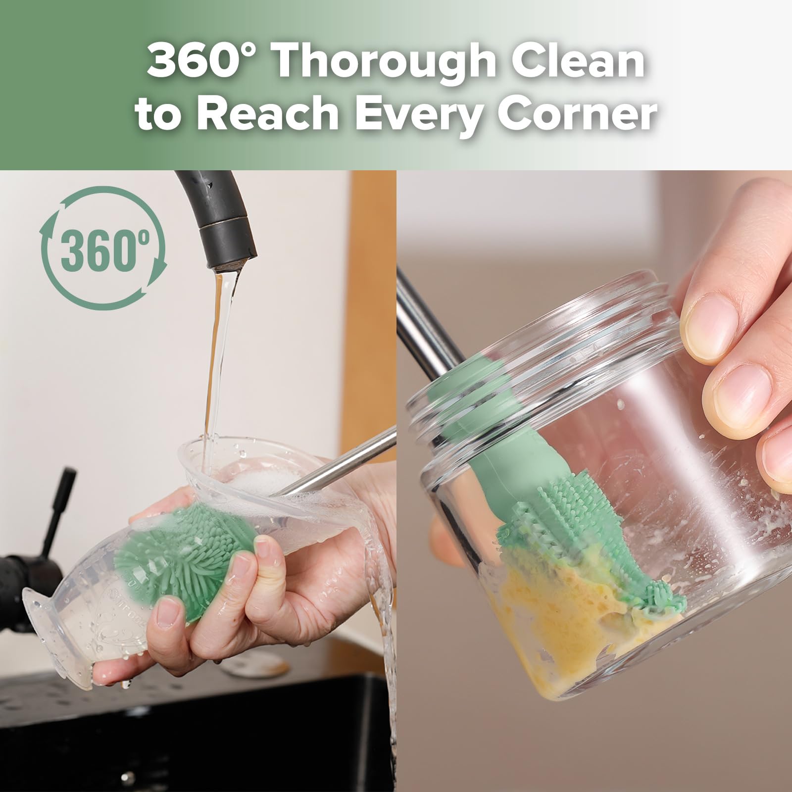 Haakaa brush cleaning a baby bottle teat with angled tip