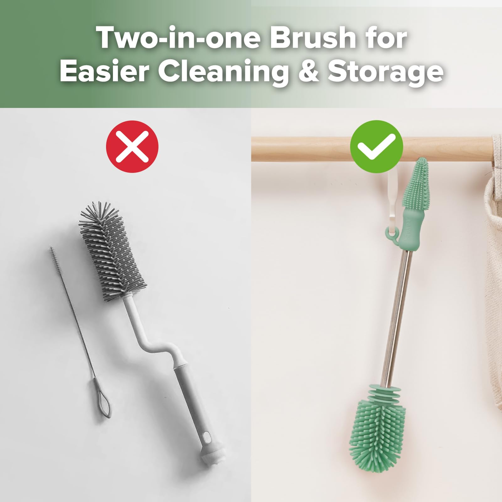 Side view of Haakaa pea green silicone cleaning brush