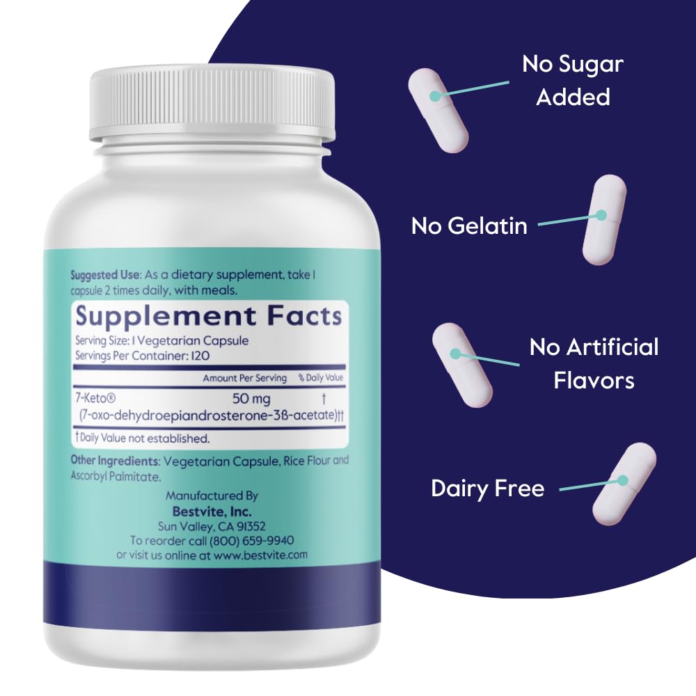 Bestvite 7 Keto 50mg capsule supplement facts and stearate free non GMO statement