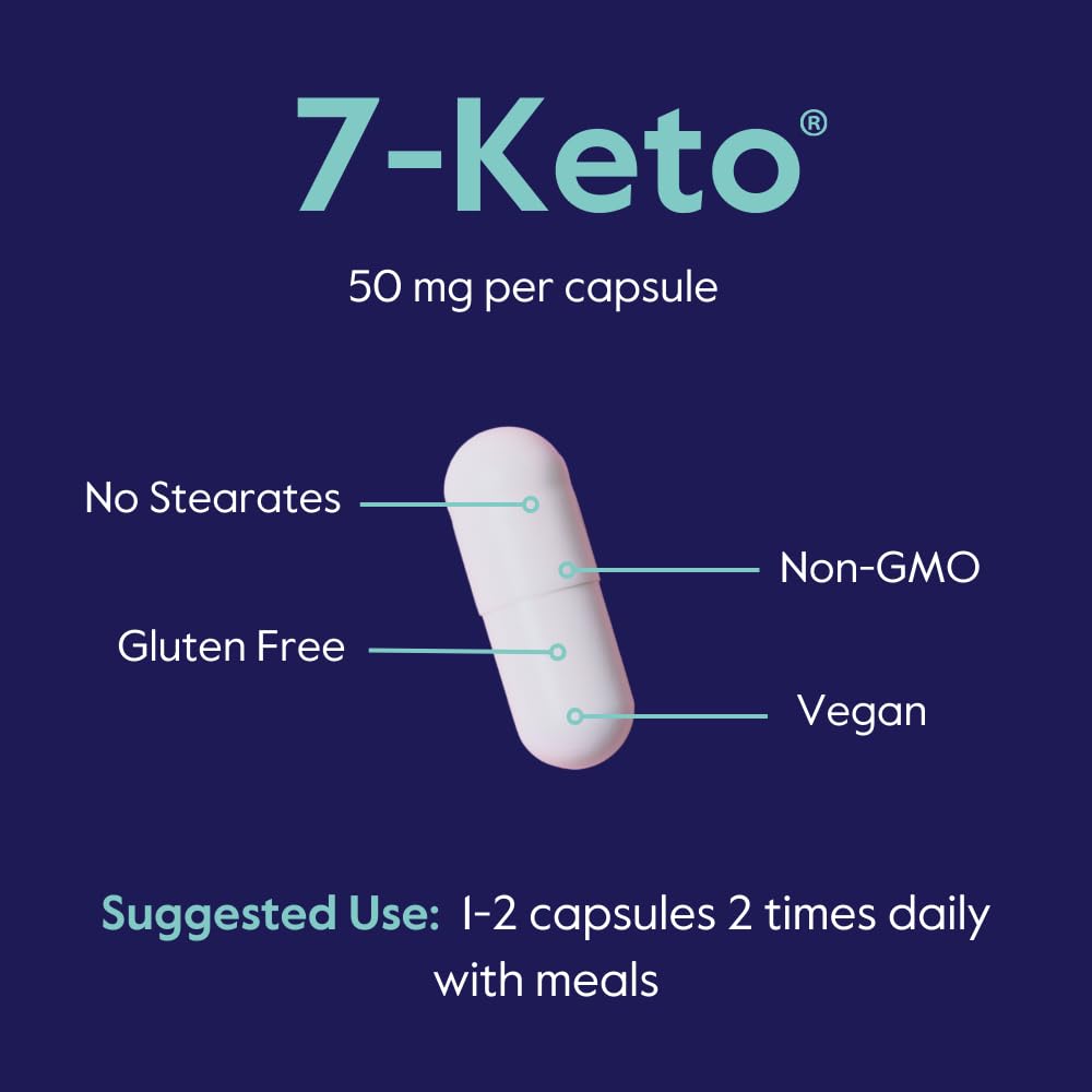 Close up of Bestvite 7-Keto DHEA metabolite 50mg capsules showcasing clear vegan shells