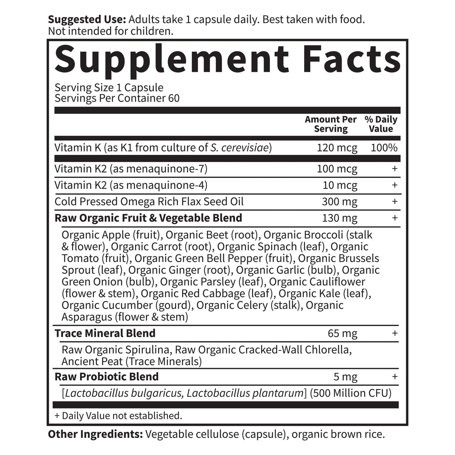 Garden Of Life Vitamin Code Raw K Complex showing instructions for adult daily usage and serving sizes