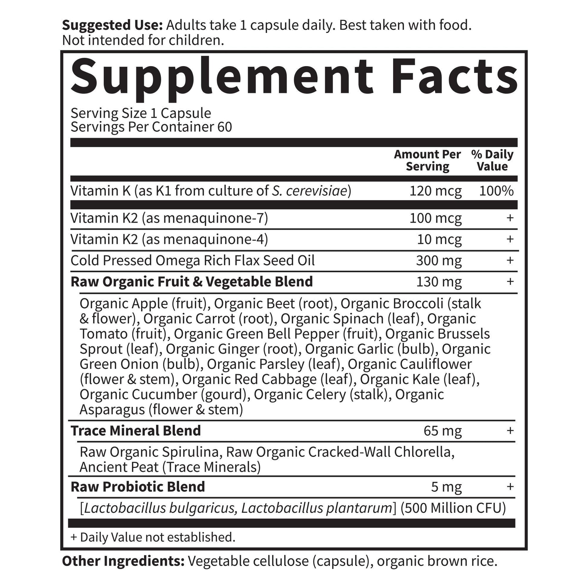 Garden Of Life Vitamin Code Raw K Complex showing instructions for adult daily usage and serving sizes