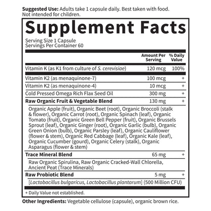 Garden Of Life Vitamin Code Raw K Complex showing instructions for adult daily usage and serving sizes