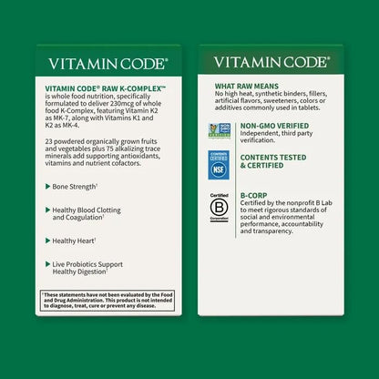 Garden Of Life Vitamin K dietary supplement bottle illustrating raw organic fruit and vegetable blend features
