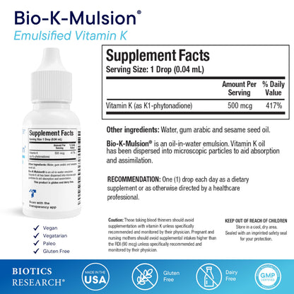 Biotics Research Vitamin K1 emulsified drops supplement label information