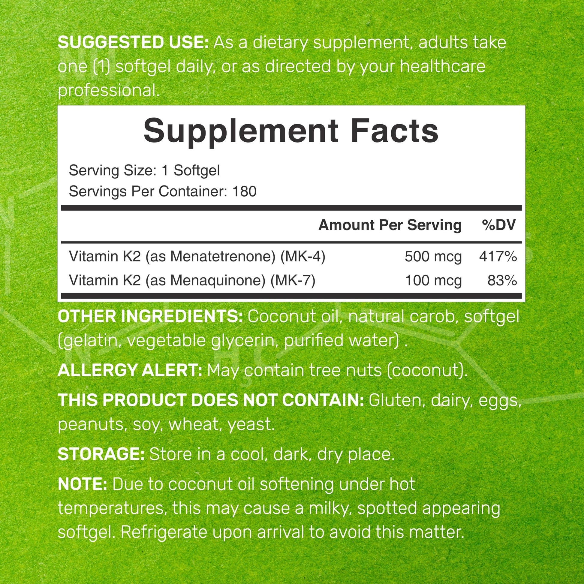 Deal Supplement Vitamin K2 full spectrum MK4 and MK7 softgels supplement facts label