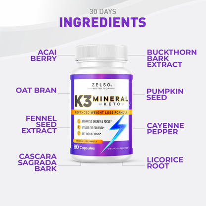 Zelso K3 Mineral Weight Loss Pills three bottle pack supplement supply