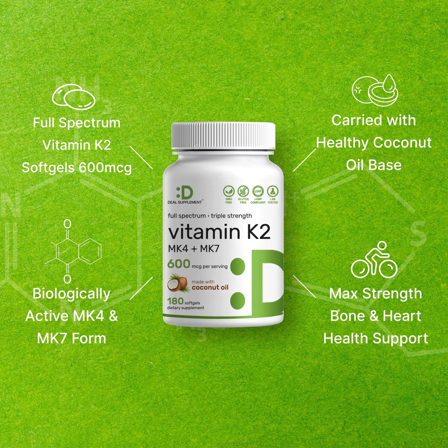 Deal Supplement Vitamin K2 high absorption 600 mcg dietary supplement packaging