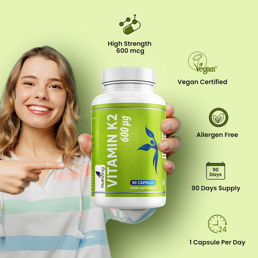 NutriZing high strength vitamin k2 mk7 supplement bottle side label showing ingredients