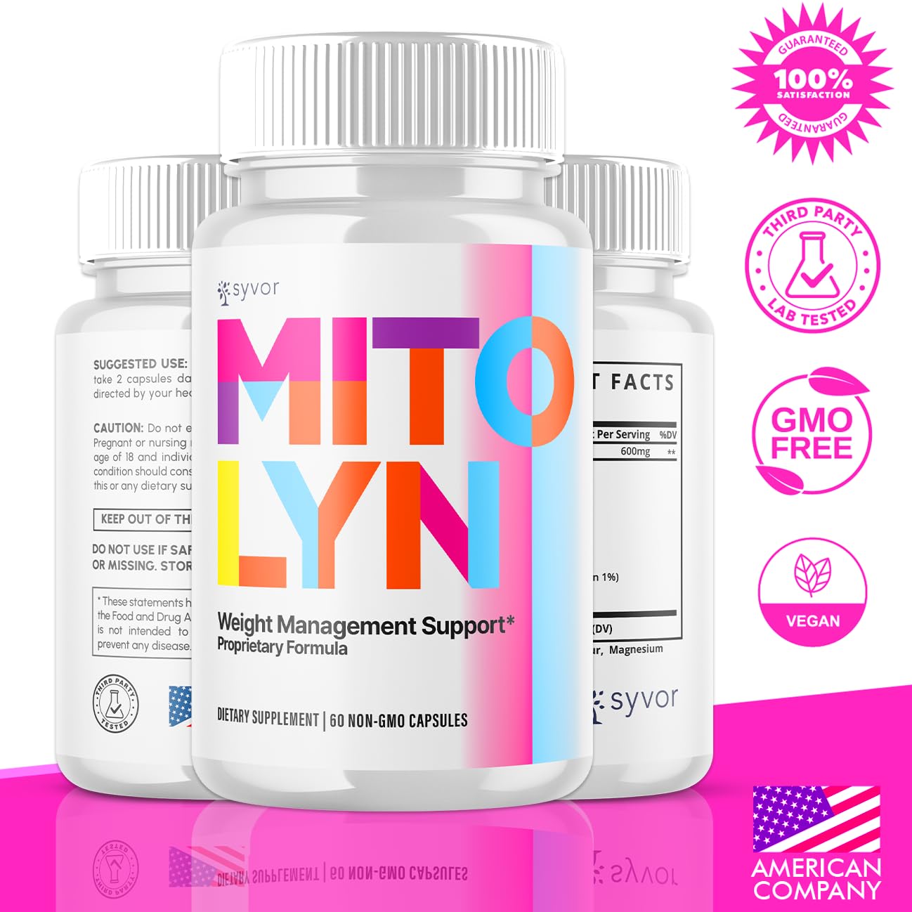 Syvor Mitolyn advanced formula maximum strength dietary supplement capsules showing authentic nutritional label information.