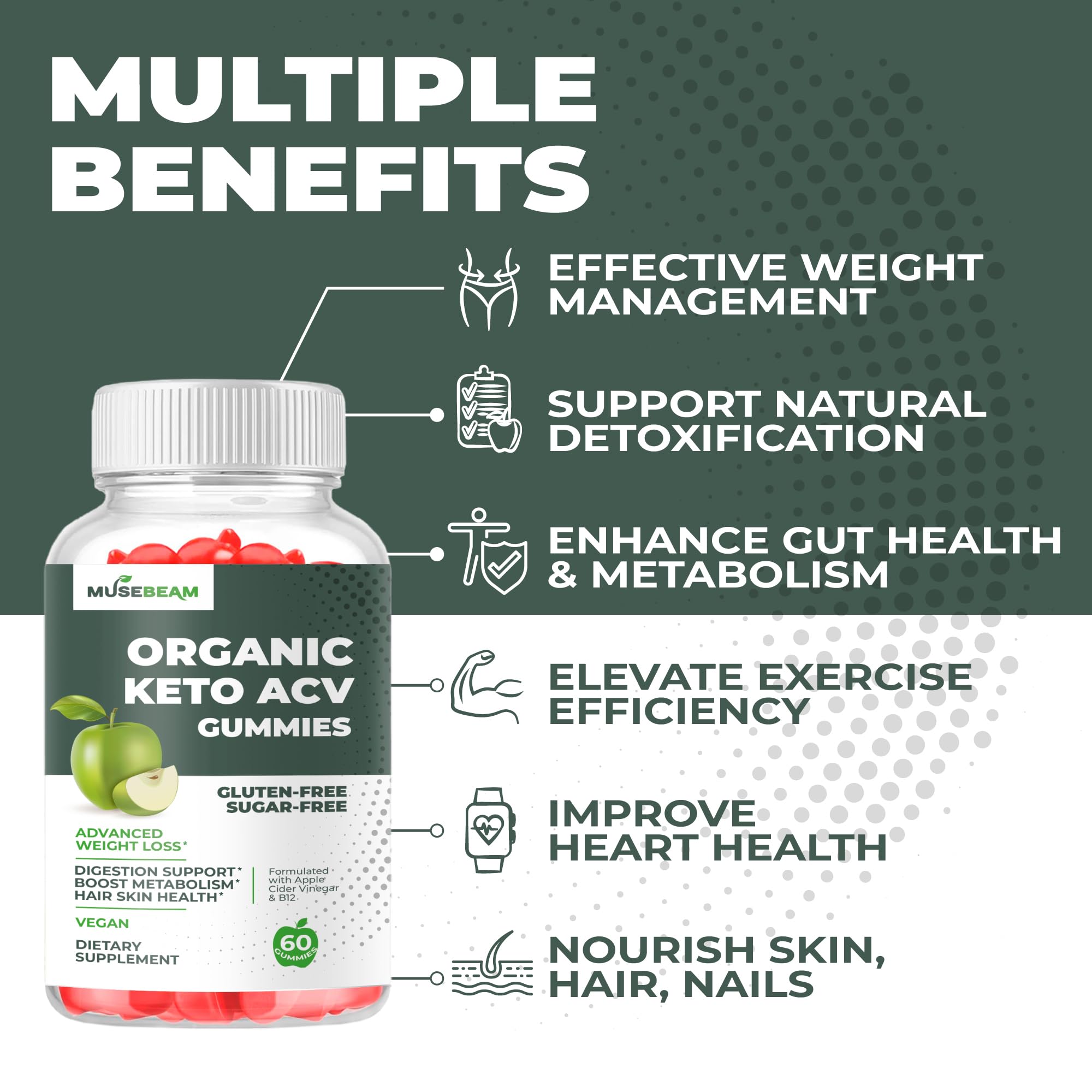 MuseBeam apple cider vinegar 1000MG dietary supplement label detailing vegan and sugar free ingredients