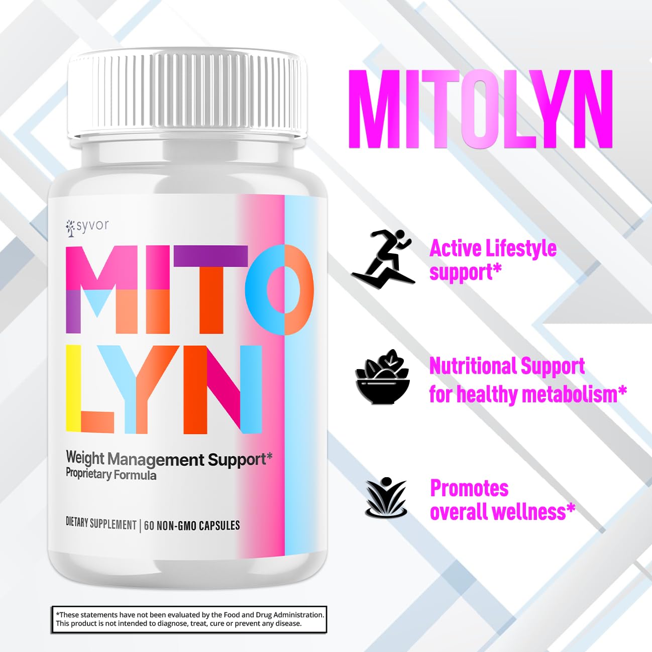 Syvor Mitolyn dietary supplement bottles showing detailed vitamin B6 and vitamin B12 ingredient composition.