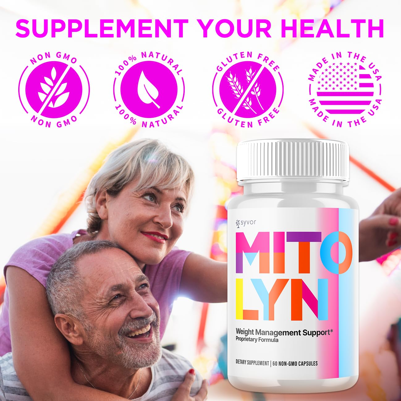 Boyd Labs Syvor Mitolyn vitamin capsules side angle view illustrating clear capsule count and serving size text.
