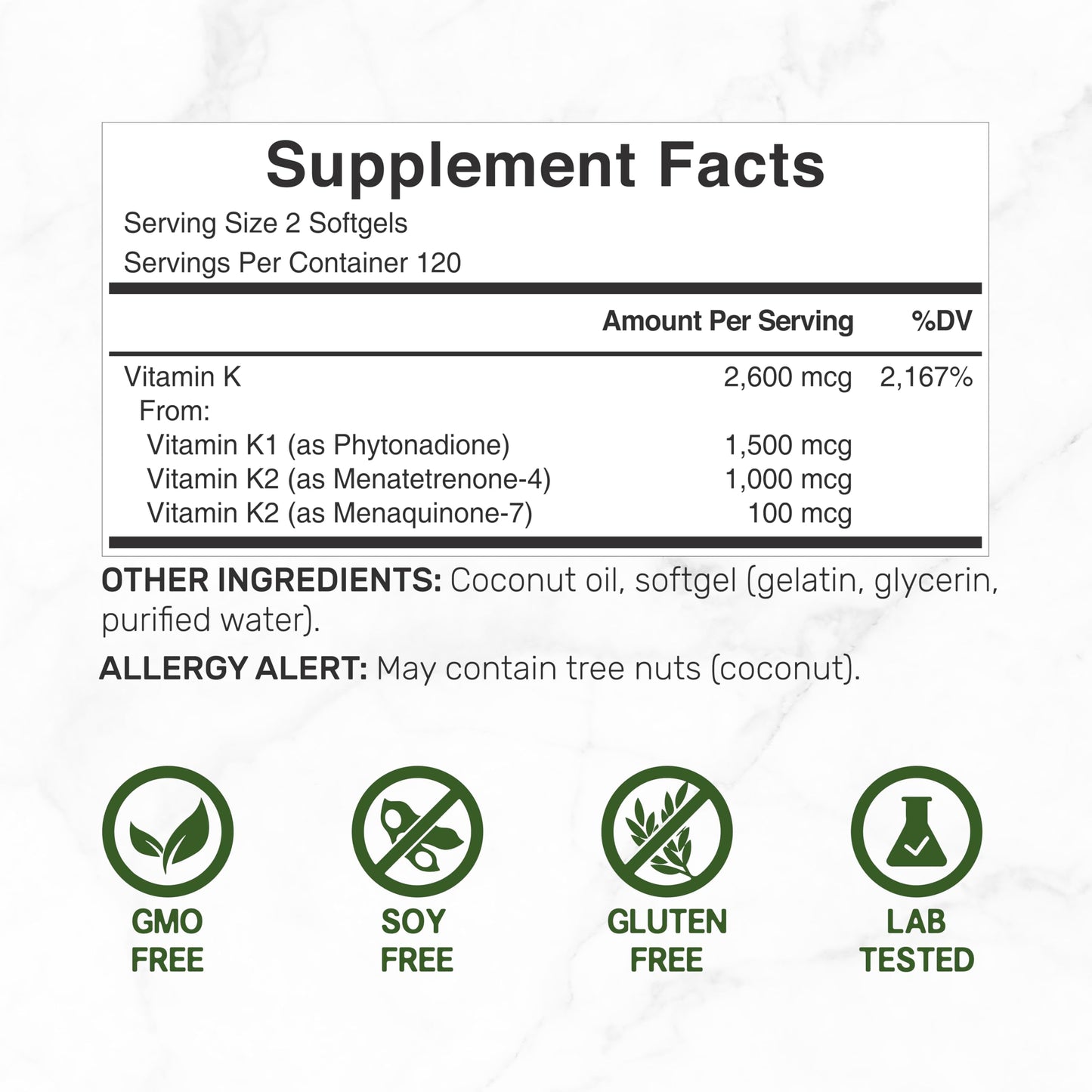 Deal Supplement Vitamin K complex bottle displaying supplement facts and nutritional information panel