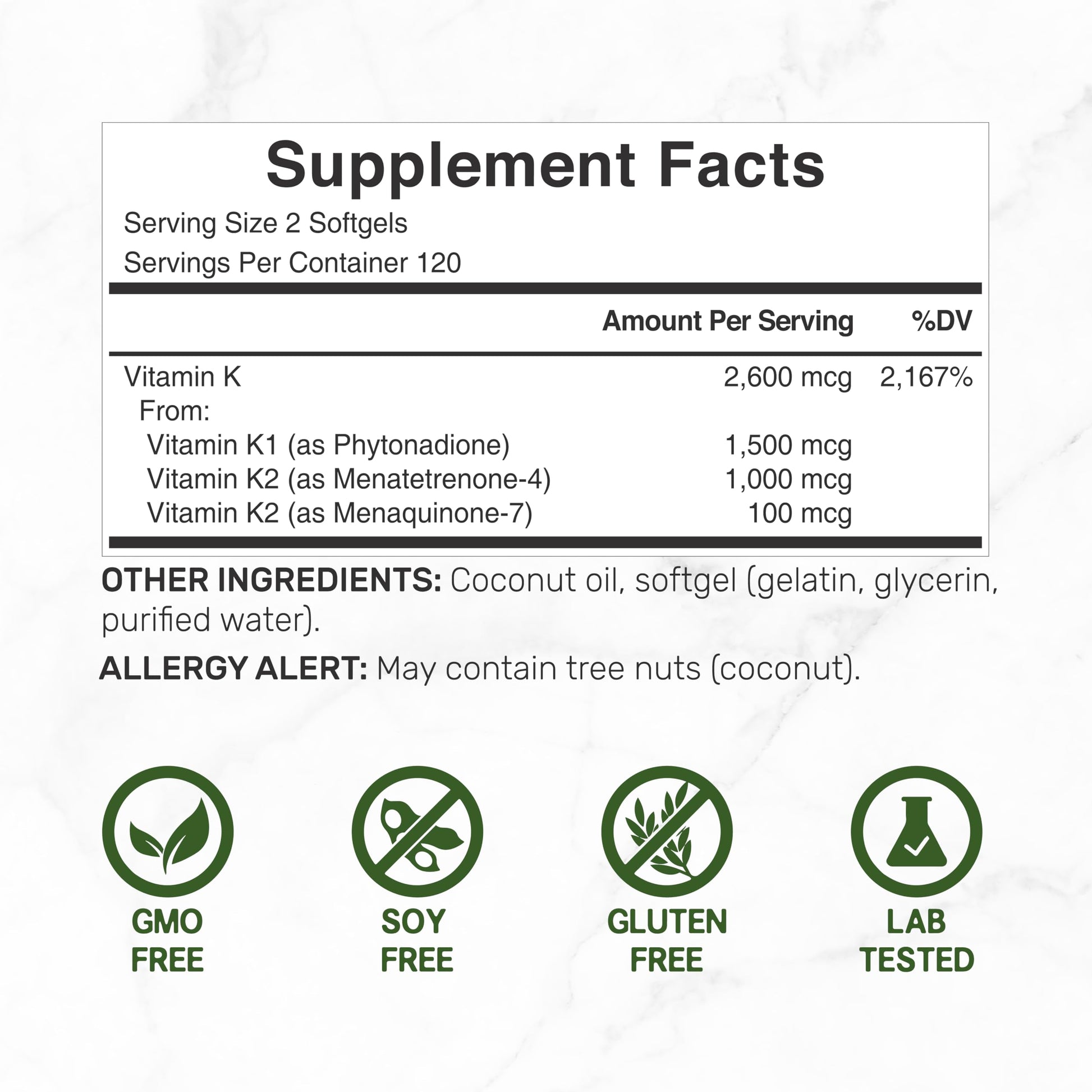 Deal Supplement Vitamin K complex bottle displaying supplement facts and nutritional information panel