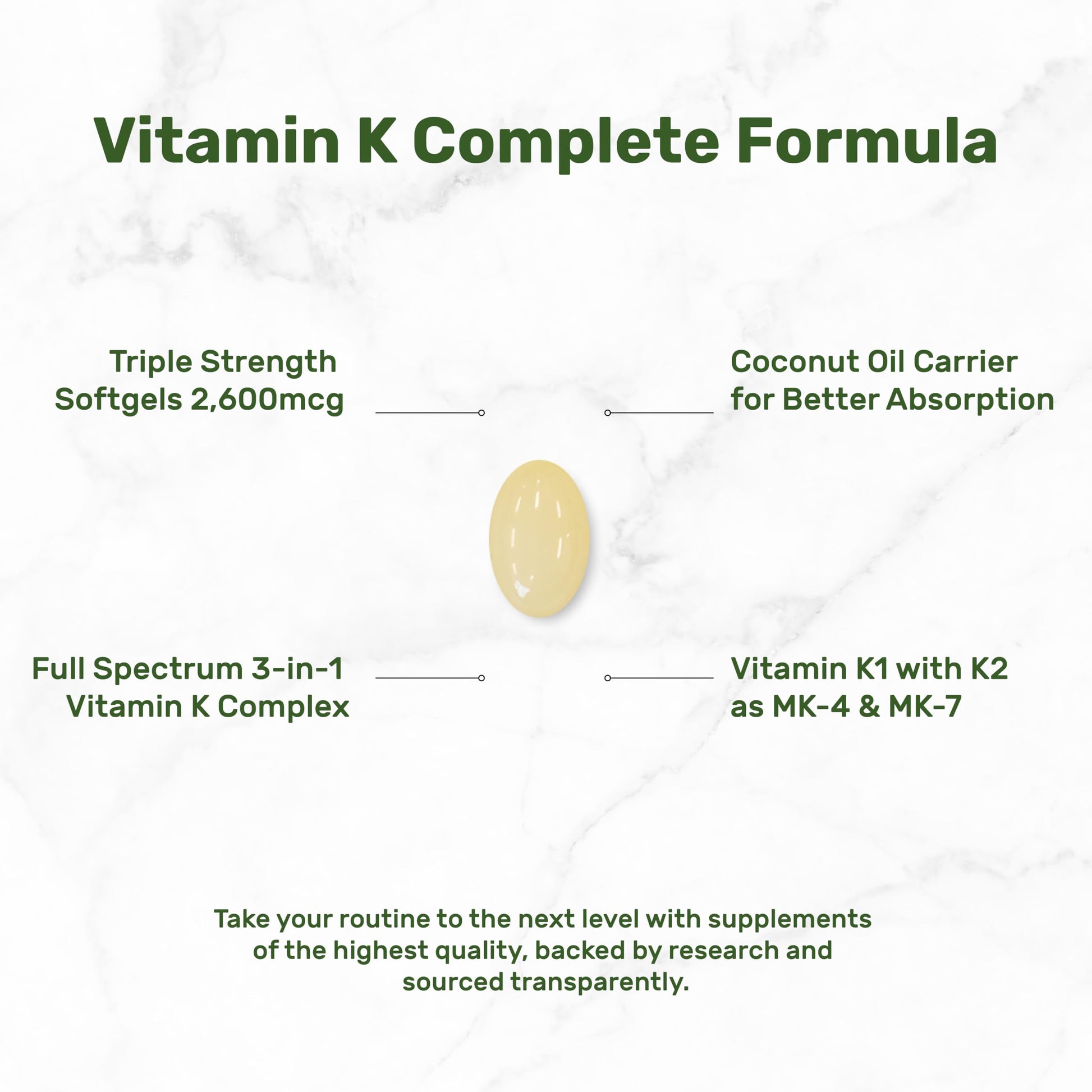 Premium K Complete dietary supplement bottle showing bone and heart support benefits icons