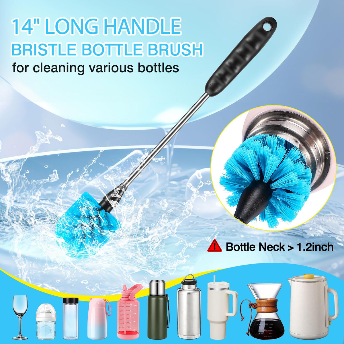 Close up of 15 inch long handle bottle cleaning brush