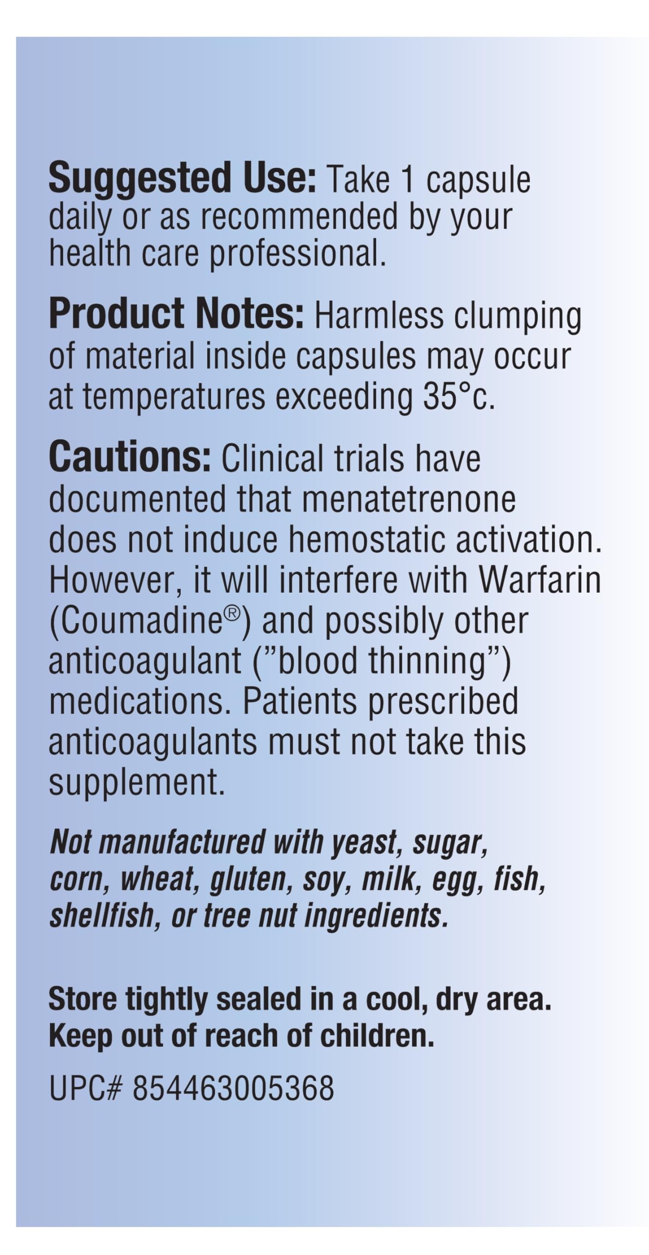 Relentless Improvement Vitamin K2 high potency supplement facts panel showing ingredient dosages