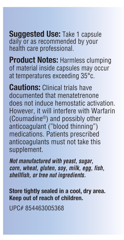 Relentless Improvement Vitamin K2 high potency supplement facts panel showing ingredient dosages