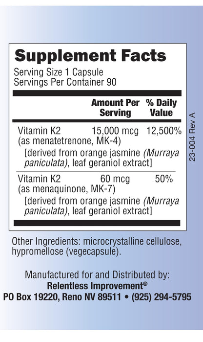 Relentless Improvement natural vitamin K2 soy free vegan capsules label close up