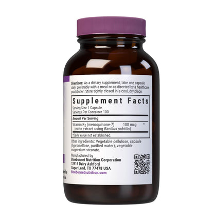 Bluebonnet Nutrition Vitamin K2 supplement ingredient label showing menaquinone seven dosage details