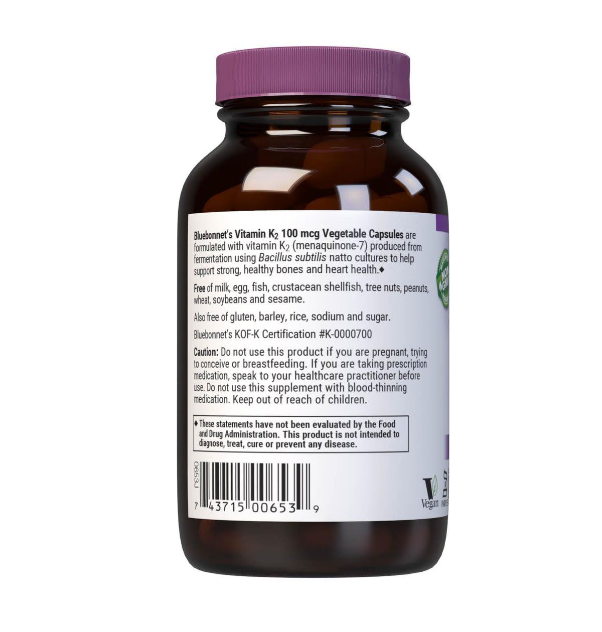 Bluebonnet Vitamin K2 supplement bottle showing capsule count and key benefits label