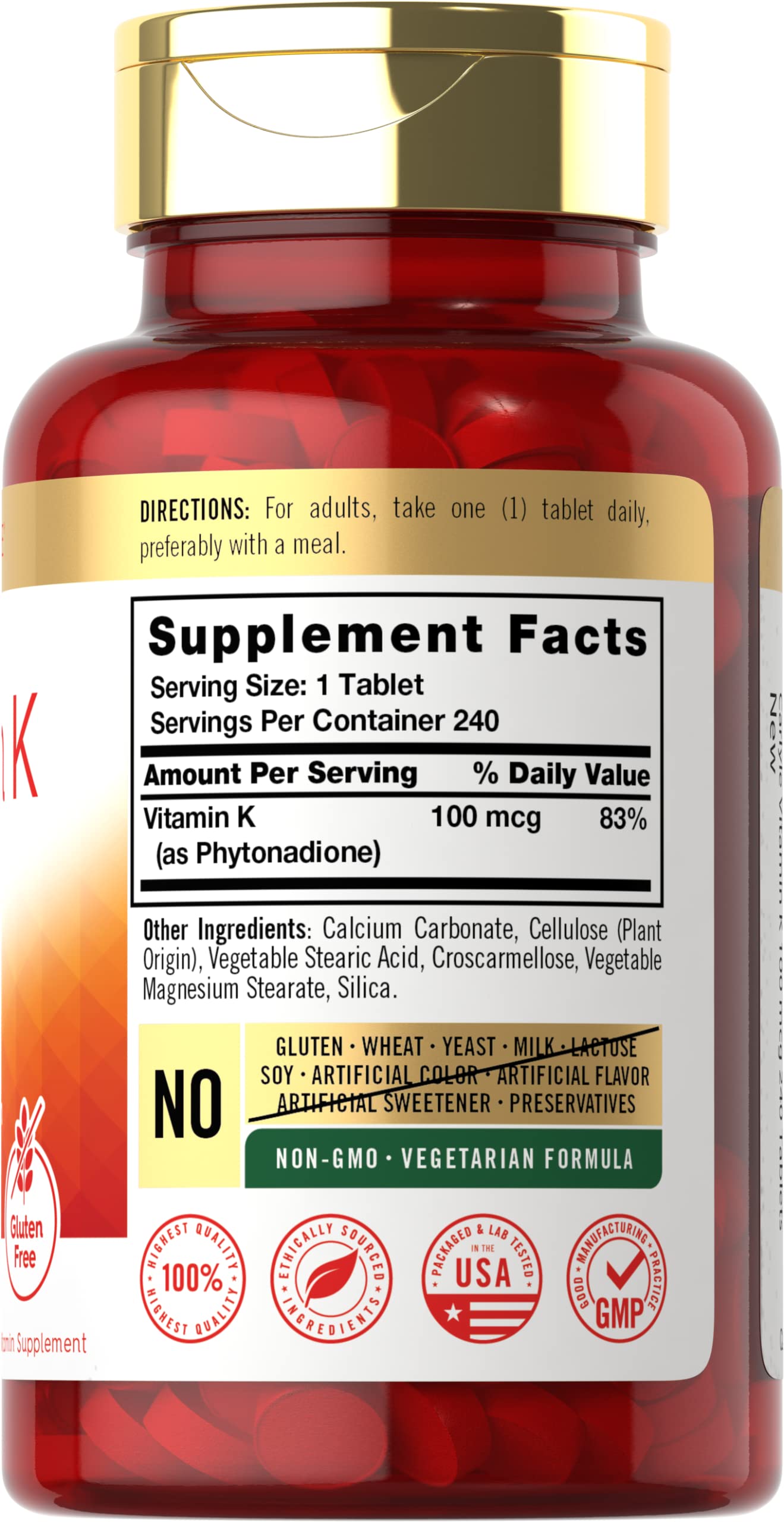 Carlyle Vitamin K supplement facts label showing phytonadione ingredients