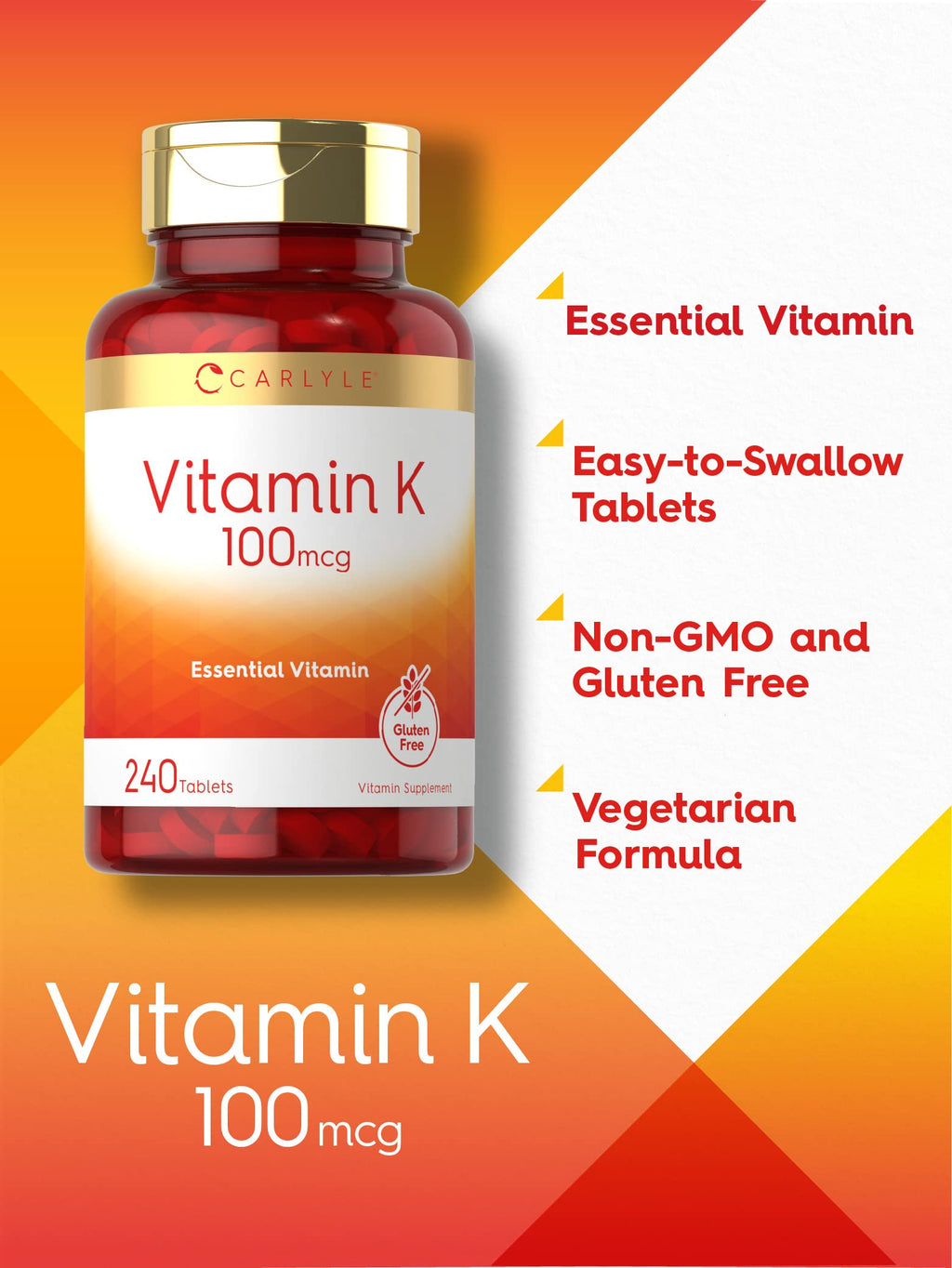 Carlyle Vitamin K supplement bottle back label displaying nutritional facts and ingredients