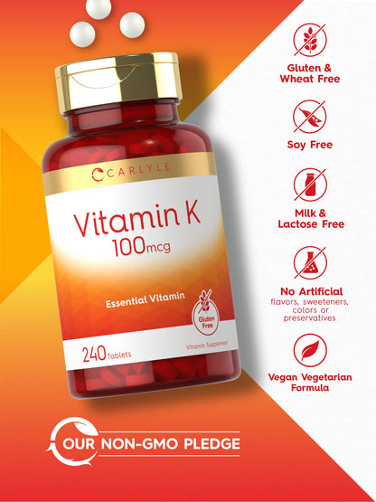 Close up of non GMO and vegetarian product badges on Carlyle Vitamin K label