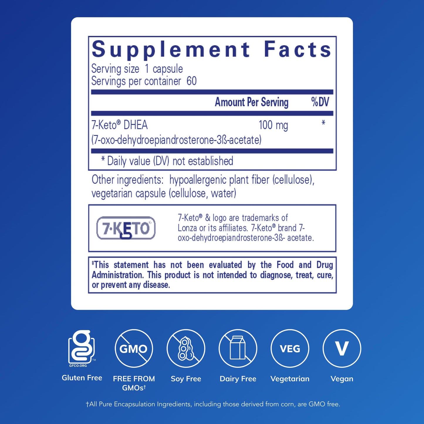 Pure Encapsulations 7 Keto DHEA supplement facts panel and clean ingredients list