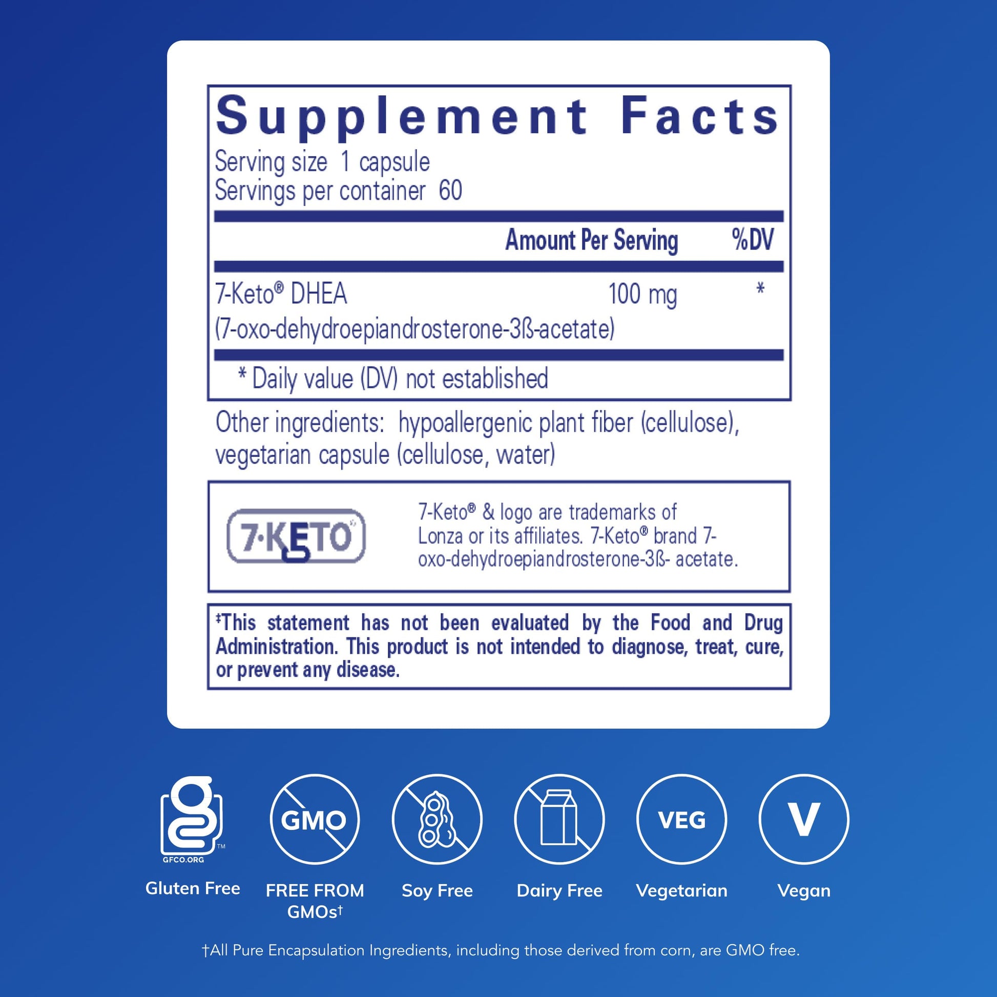Pure Encapsulations 7 Keto DHEA supplement facts panel and clean ingredients list