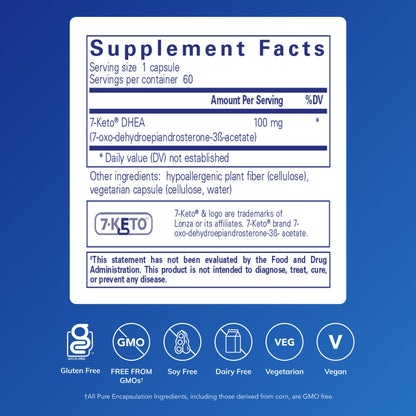 Pure Encapsulations 7 Keto DHEA supplement facts panel and clean ingredients list