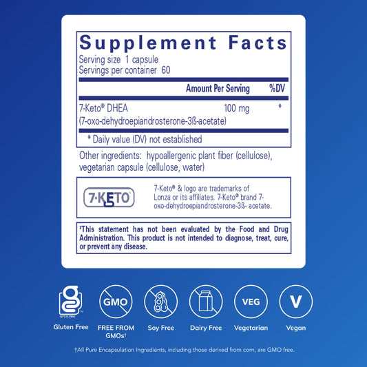 Pure Encapsulations 7 Keto DHEA supplement facts panel and clean ingredients list
