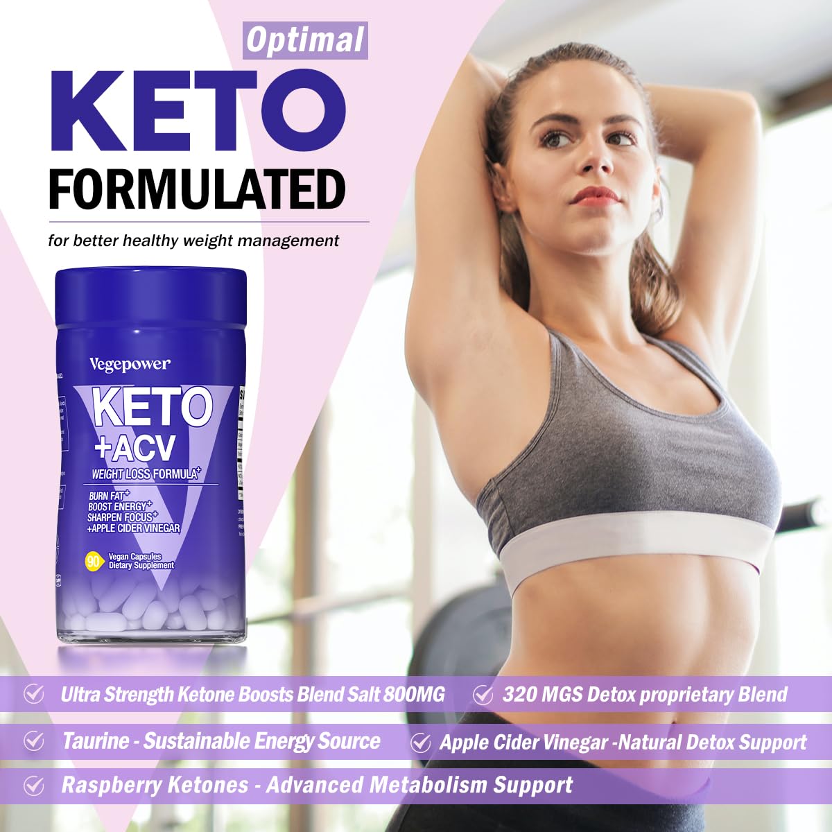 Close up view of Vegepower Keto plus ACV ninety count bottle for active metabolism support