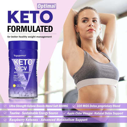 Close up view of Vegepower Keto plus ACV ninety count bottle for active metabolism support