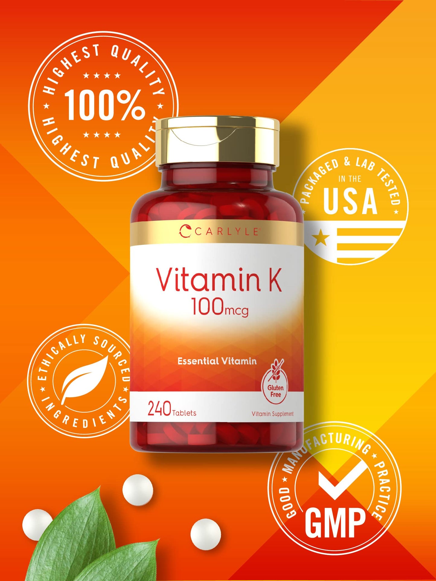 Authentic imported Carlyle Vitamin K bottle showing directions for daily usage
