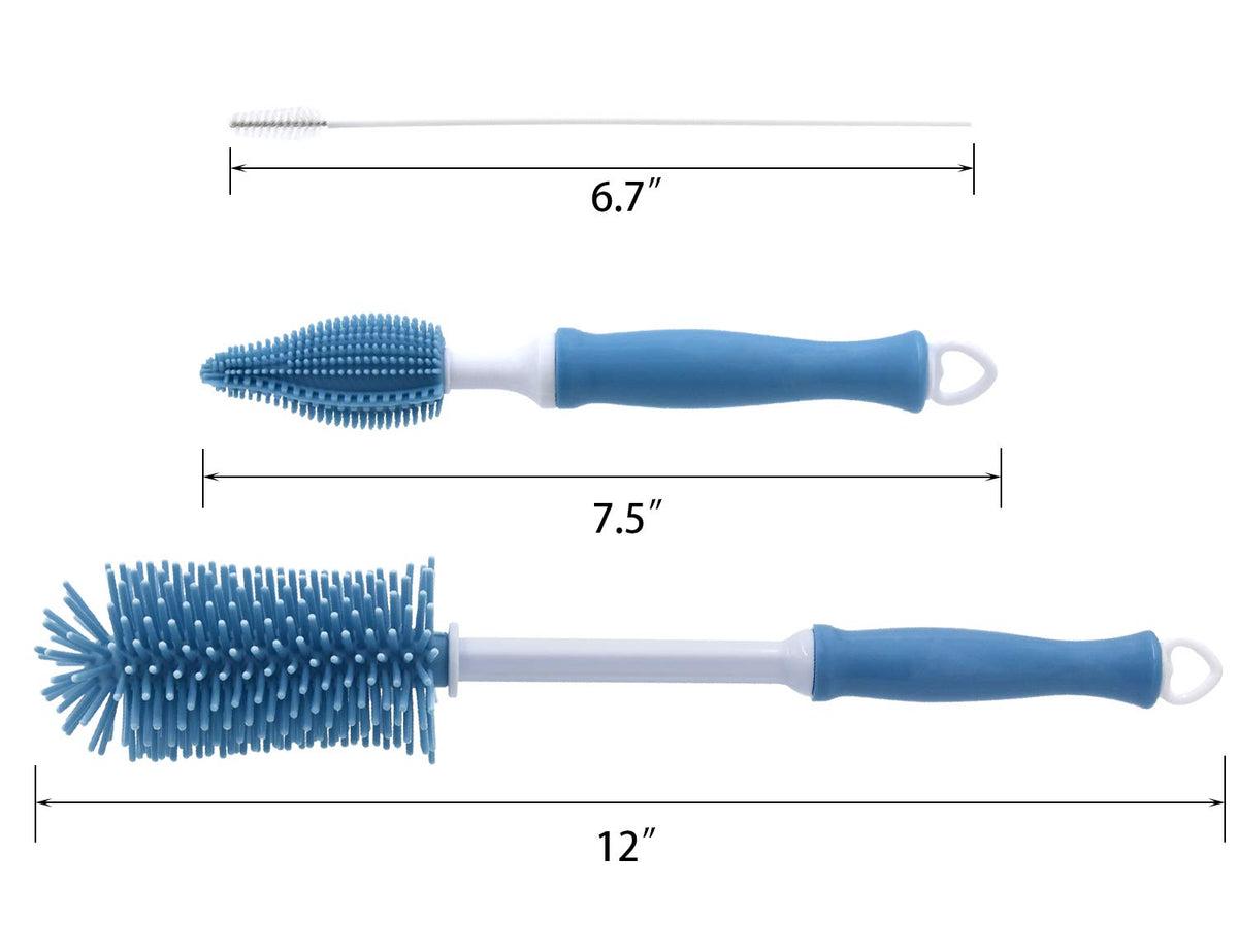 Long handle silicone brush cleaning a glass bottle