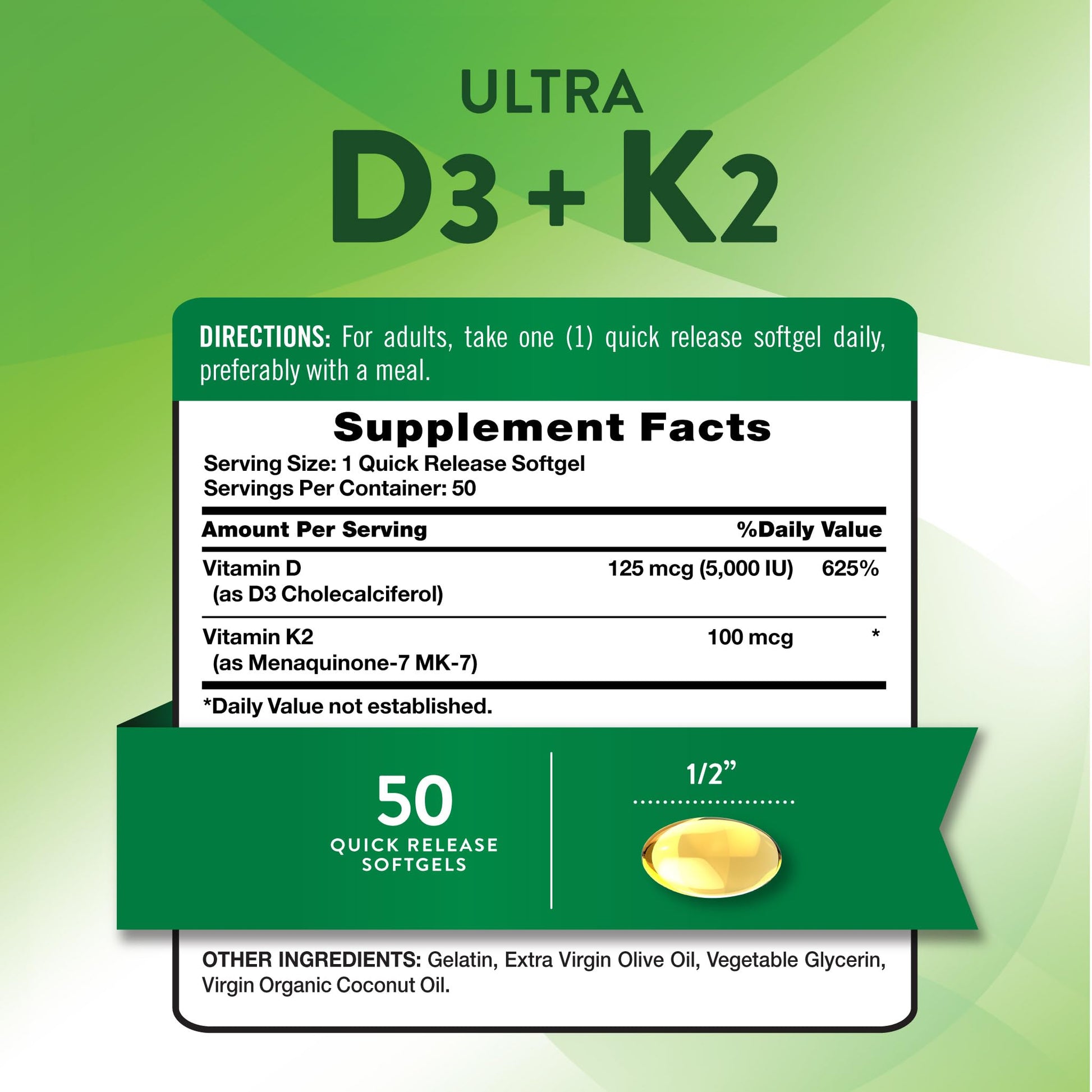 Nature's Truth Ultra K2 and D3 supplement nutrition facts label showing daily values