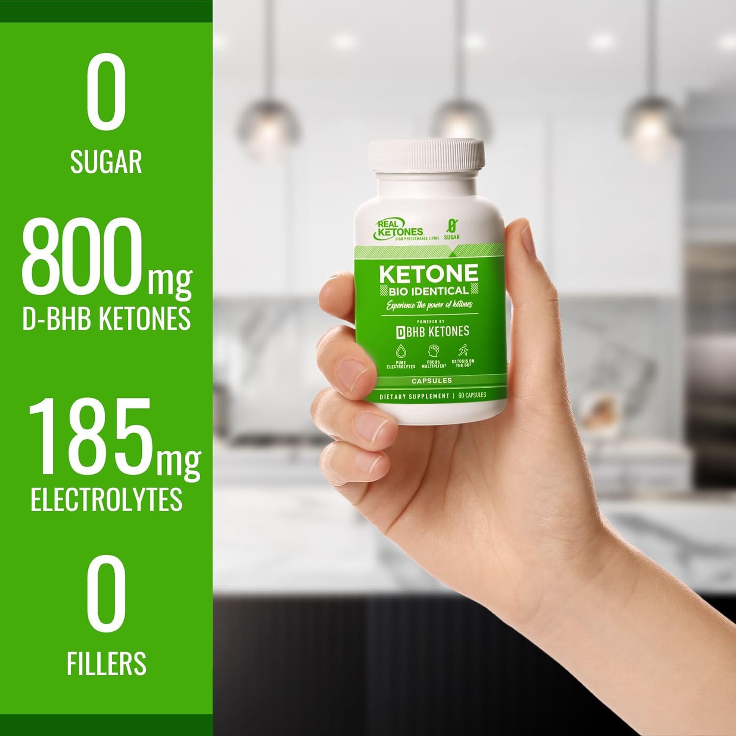 Real Ketones caffeine free dietary capsules bottle standing upright on clean background