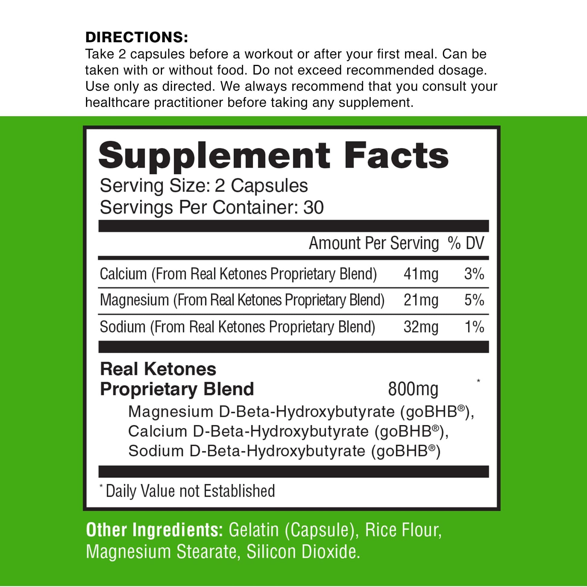 Real Ketones goBHB beta-hydroxybutyrate dietary capsules packaging details and directions