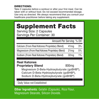 Real Ketones goBHB beta-hydroxybutyrate dietary capsules packaging details and directions