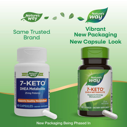 Nature's Way 7-Keto DHEA Metabolite bottle showing supplement facts label and ingredient details