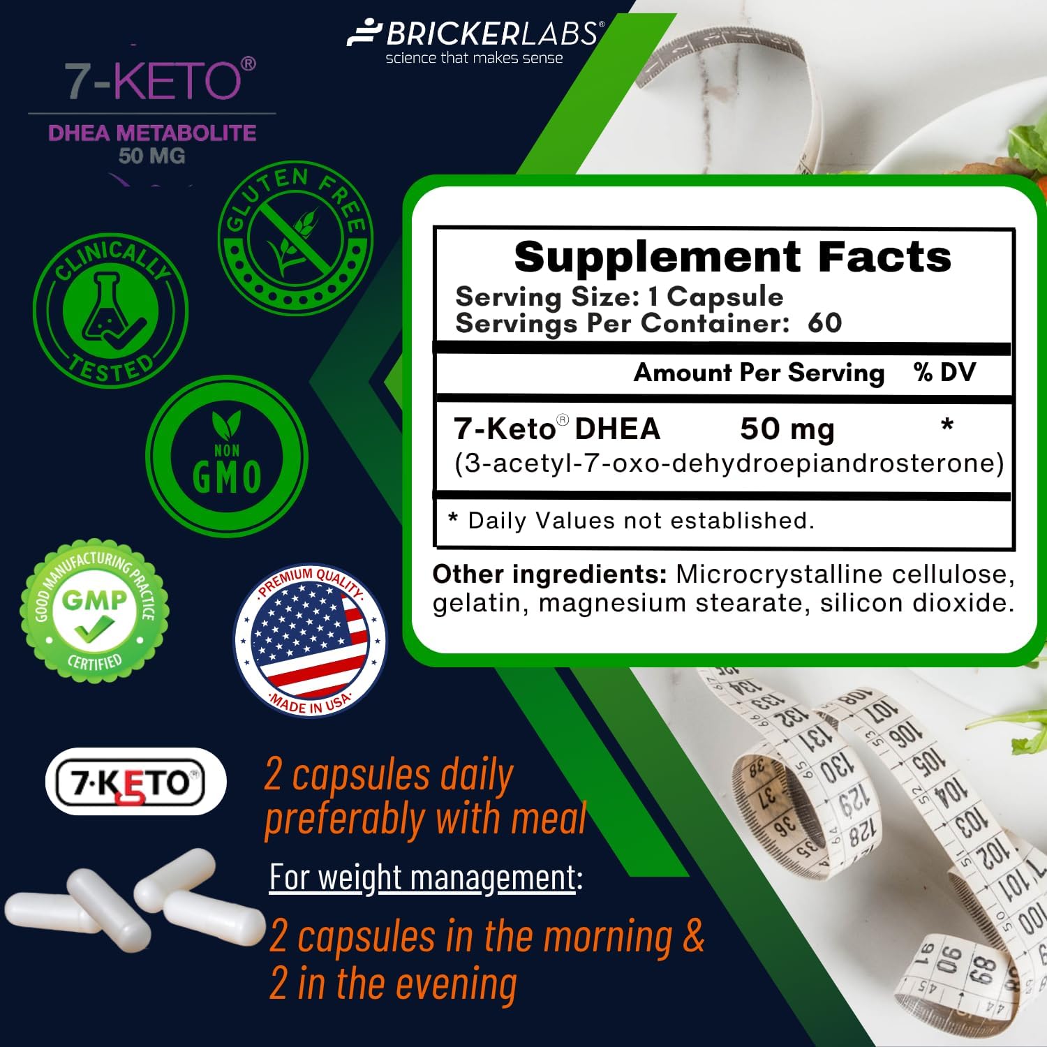 Side profile of Bricker Labs 7-Keto DHEA showing directions and safety warnings