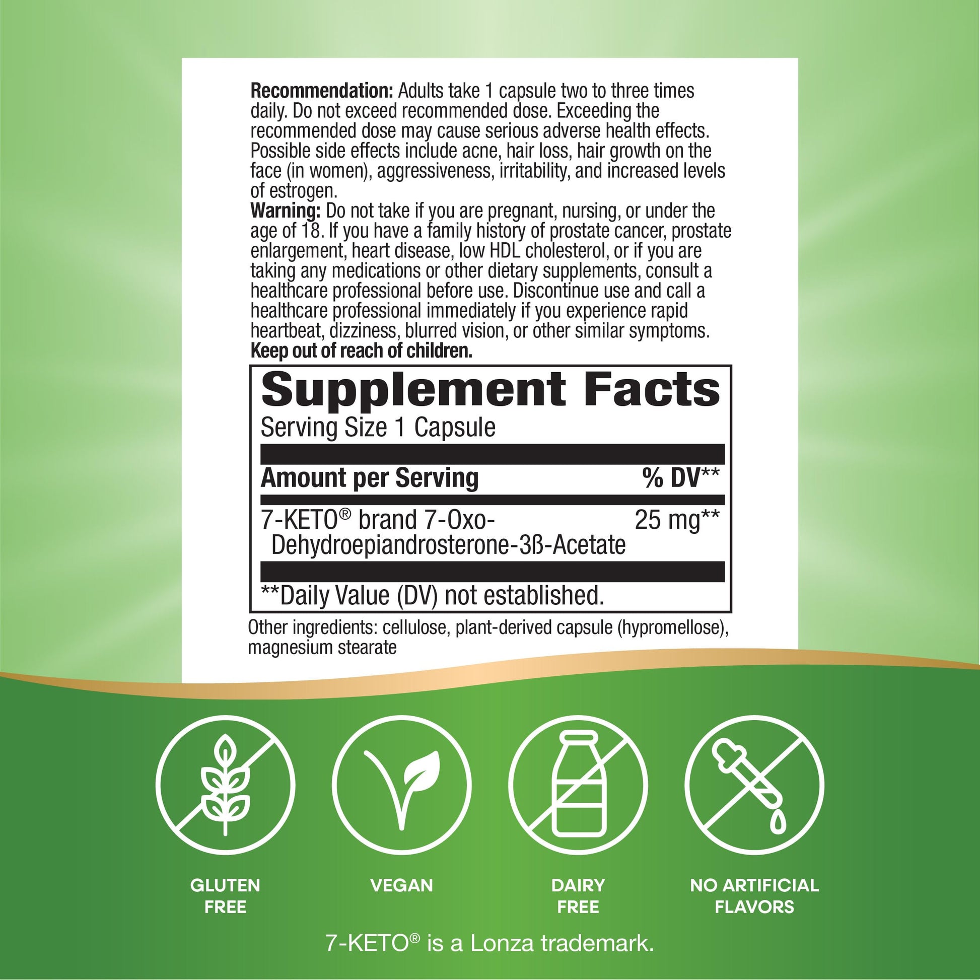 Top angle view of Nature's Way 7-Keto DHEA Metabolite showing safety seal and adult usage warning instructions