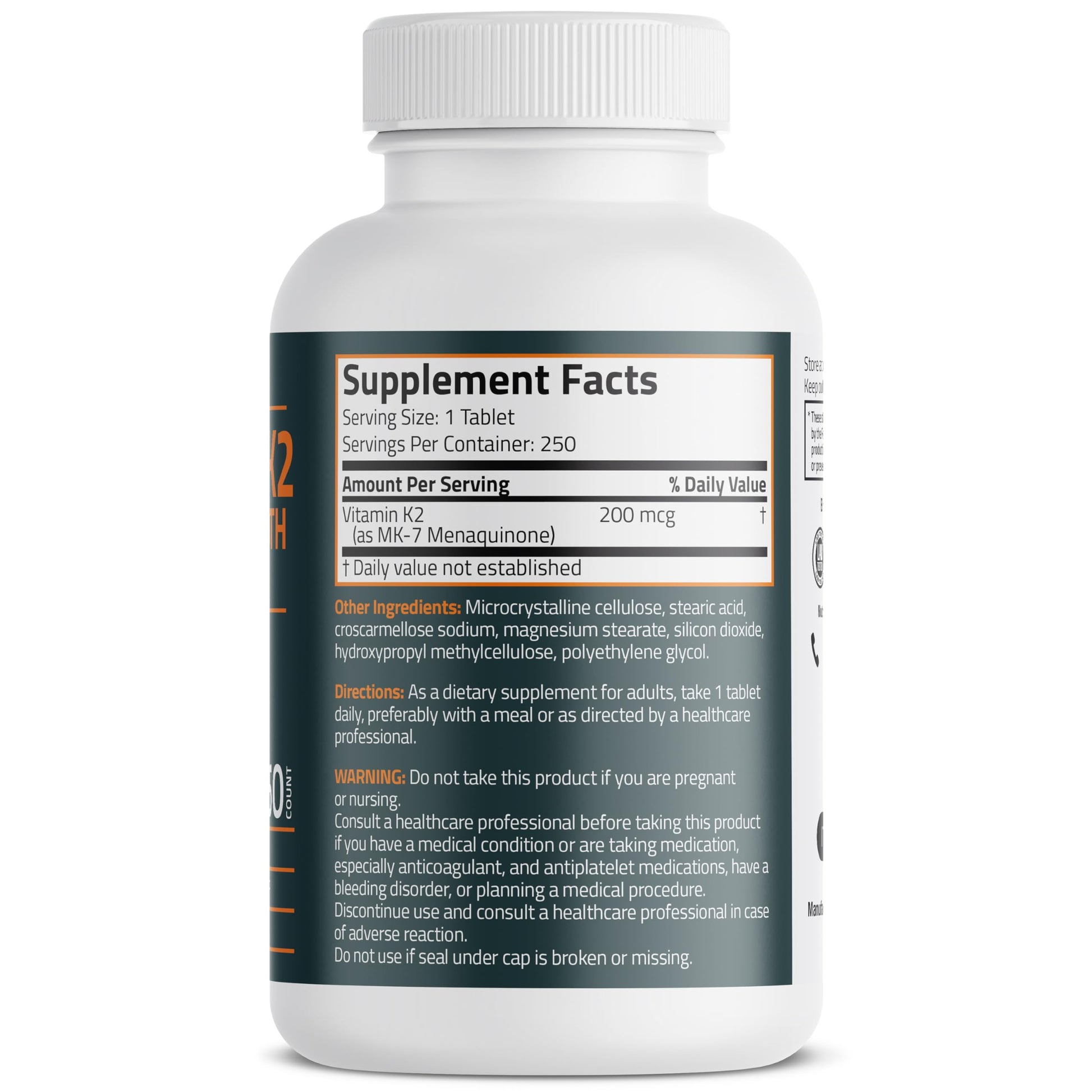 Bronson Vitamin K2 MK7 two hundred micrograms supplement facts and ingredients label