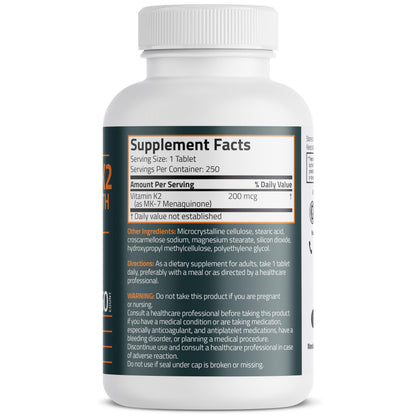 Bronson Vitamin K2 MK7 two hundred micrograms supplement facts and ingredients label